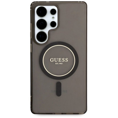 Kapotë telefoni Guess Glitter Circle Classic Logo MagSafe për Samsung S25 Ultra, TPU PC, transparente
