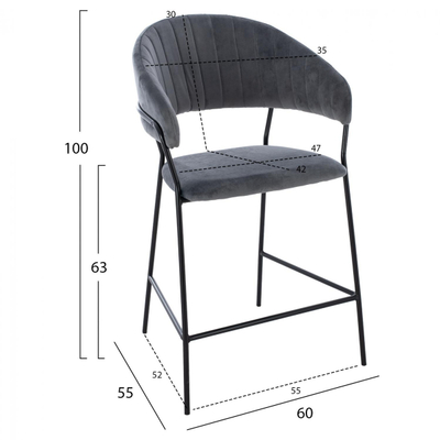 Stol velvet + metal 60×55×100 cm (HM8734.01), gri/ zezë