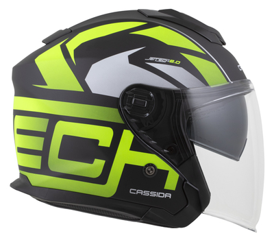 Helmetë moto Cassida Jet Tech 2.0 RoTo, polikarbonat, vizor i gjatë, e zezë mat verdhë fluo e bardhë