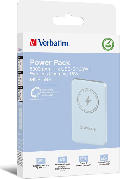 Power bank Verbatim Charge n Go, 5000mAh, karikim magnetik wireless, blu