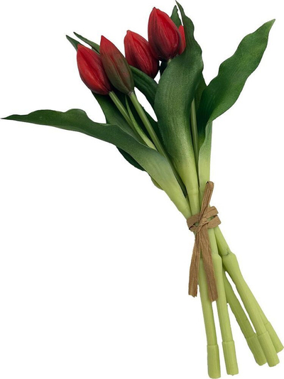 Buqetë lulesh artificiale Saska Gift and Decor, tulipanë të kuq, 5 copë, silikon PU 28 cm