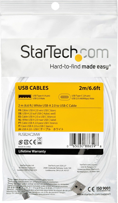Kabllo karikimi USB StarTech.com 2m, USB A me USB C, USB 2.0, e bardhë