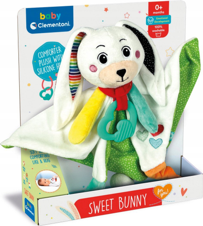 Lodër plushi Clementoni Sweet Bunny, me unazë silikoni, lahet në lavatriçe, shumëngjyrëshe