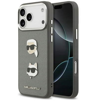 Mbulesë telefoni Karl Lagerfeld FW Grained Karl & Choupette për iPhone 17 Pro Max, plastike, gri