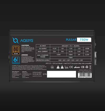 Furnizim me energji Aqirys Pulsar, 750W, 80 Plus Bronze, ARGB, i zi