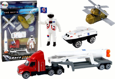 Set lodrash hapësinore Kosmic, raketë dhe kamion transportues, figurina astronauti, shumëngjyrësh