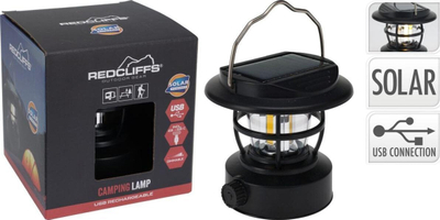 Dritë kampingu Redcliffs, 10 cm, karikim USB dhe diellor, e zezë