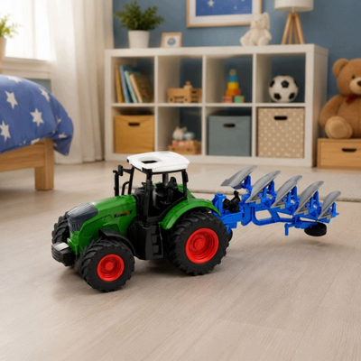 Lodër traktor bujqësor LeanToys, plug shumëbrazdësh, shkalla 1:24, jeshil