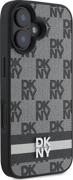 Kapak telefoni DKNY me lëkurë PU me kuadrata, për iPhone 16, model me vija, i zi