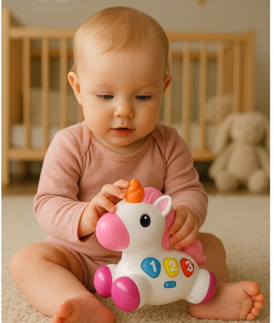 Lodër interaktive njëbrirësh Baby Toys, me drita edhe tinguj, 18+ muaj, e bardhë rozë