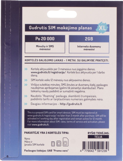Kartë SIM parapagese Gudrutis SimXL, për smartwatch, pa kontratë