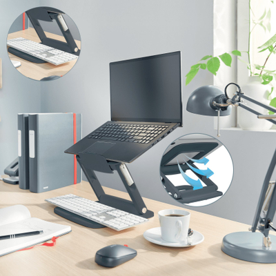 Стенд за лаптоп Leitz Ergo Adjustable Multi Angle, прилагодлива висина, 80% рециклирана пластика, црна