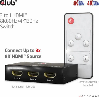 Ndarës HDMI Club 3D CSV-1381, 3 me 1, 8K 60Hz 4K 120Hz, me telekomandë, ngjyrë e zezë