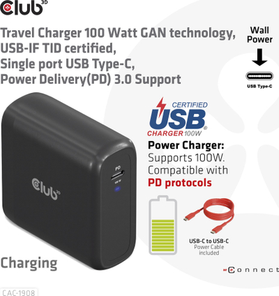 Karikues udhëtimi Club 3D CAC-1908, 100W GaN, USB Type C PD 3.0, i zi