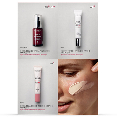 Set për lëkurë MÁDARA Collagen Bloom Firming, serum forcues për lëkurë 30 ml + krem forcues për lëkurë 15 ml + krem nate rigjenerues për lëkurë 15 ml