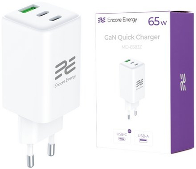 Karikues muri Encore Energy MD-6583Z, GaN 65W, 2x USB C 1x USB A, i bardhë