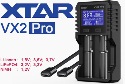 Karikues baterish XTAR VX2 Pro, për Li ion Li FePO4 Ni MH, universal