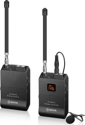 Sistem mikrofoni wireless BOYA BY-WFM12, VHF me 12 kanale, për smartphone, DSLR e PC, ngjyrë e zezë