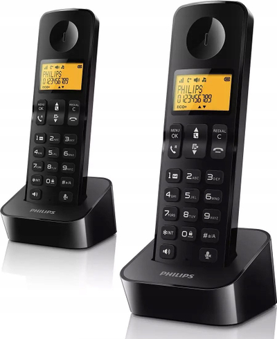 Telefon pa tel Philips D2602D/53, set me 2 receptorë, me ekran me dritë, i zi