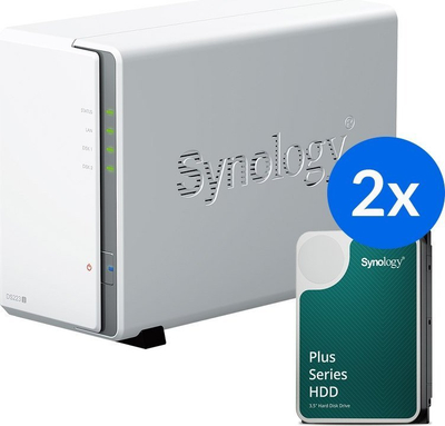 Server NAS Synology DiskStation DS223j, me 2 disqe 4TB HAT3300, 1GbE, i bardhë