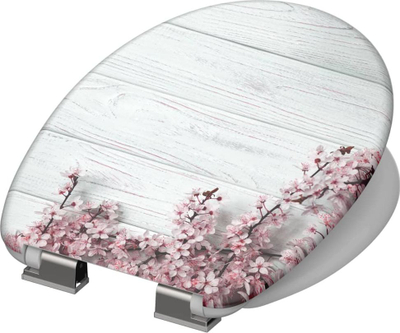Седиште за ВЦ Schütte FLOWERS &amp; WOOD, soft close, универзална форма, дизајн дрво со розови цветови
