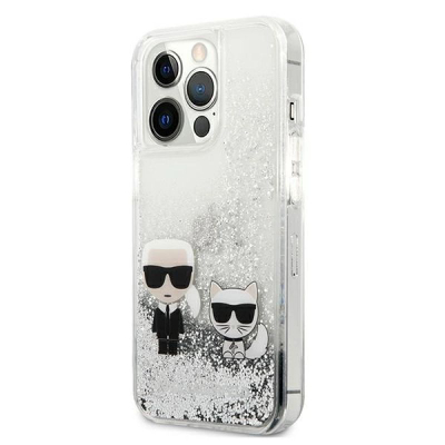 Mbulesë telefoni Karl Lagerfeld Liquid Glitter Karl and Choupette për iPhone 13 Pro Max, silikon, me shkëlqim, argjendi