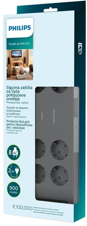 Prizë mbrojtëse Philips SPN3180A/GRS, 8 dalje, kabllo 2m, gri e errët