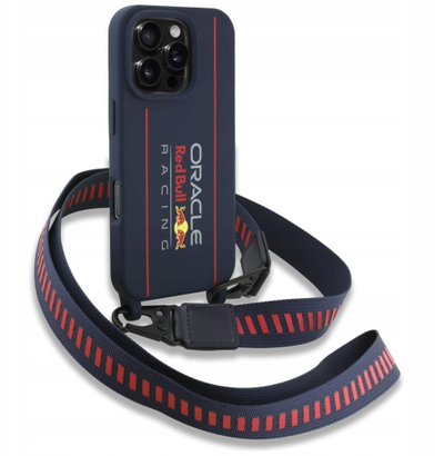 Kapak telefoni Red Bull RBHMP16L24SISOLRV për iPhone 16 Pro 6.3", kapak silikoni i fortë me rrip, MagSafe, blu navy