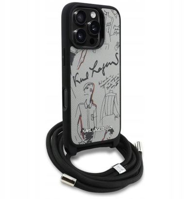 Mbulesë telefoni Karl Lagerfeld Crossbody për iPhone 16 Pro Max, lëkurë Saffiano, me logo, gri