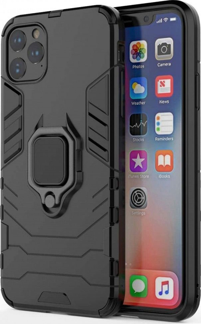 Mbajtëse telefoni për iPhone 12 / 12 Pro, me unazë-stand, kundra goditjeve, e zezë
