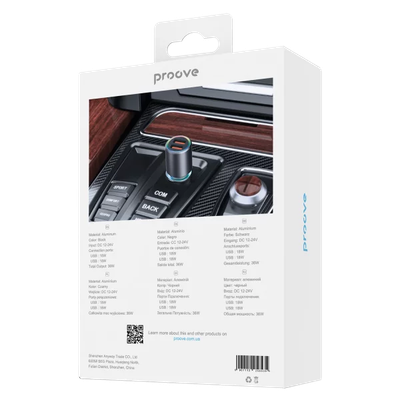 Karikues për makinë Proove Supercharge, 130W, 2×Type-C + USB, metal gri