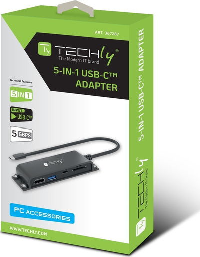 Hub USB C Techly 5 in 1, HDMI 4K, lexues SD MicroSD, i zi