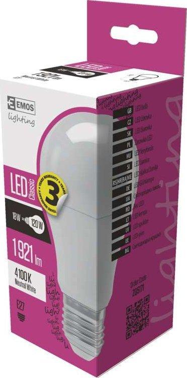 Llambë LED EMOS Classic A67, 18W, E27 4100K, e bardhë