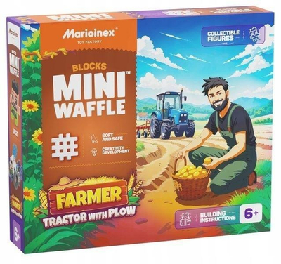 Lodër ndërtimi Marioinex WAFFLE Mini Farmer, set traktor me plug, 50 copa, shumëngjyrëshe