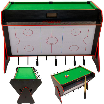 Tavolinë lojrash Onepro Rotating 3 in 1, bilardo, foosball edhe air hockey, 121 x 84.5 x 85.3 cm, e zezë me ngjyra