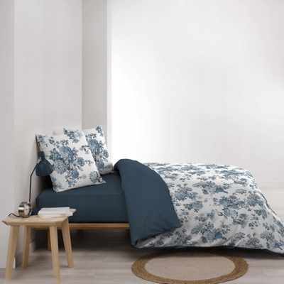Set shtrati Douceur d'intérieur Roselia Printed, 240 x 220 cm, 100% pambuk, me lule, blu e bardhë