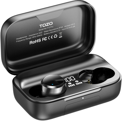 Kufje wireless TOZO T12 Pro, me heqje zhurme, me kuti karikimi wireless, të zeza