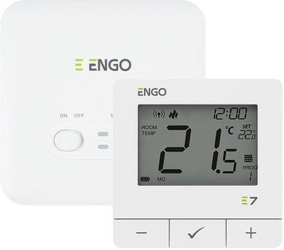 Termostat programues wireless Engo E7 RFW, për me kontrollu temperaturën, i bardhë