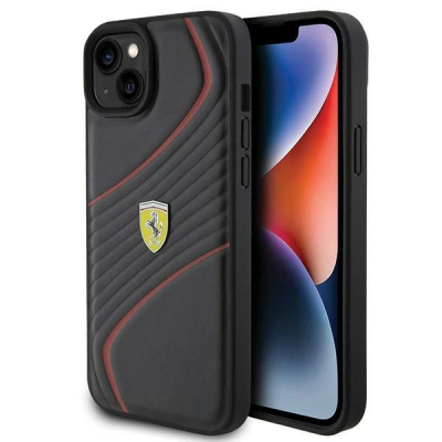 Mbrojtëse telefoni Ferrari Twist Metal Logo për iPhone 15 Plus 6.7", lëkurë ekologjike, e zezë