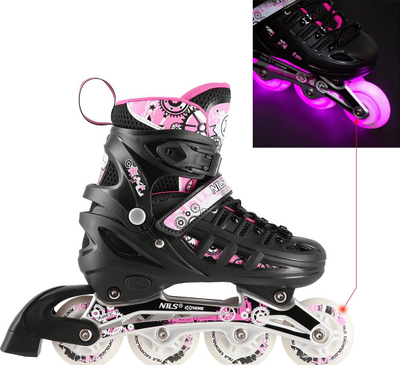 Patina 4n1 NILS Extreme NH10905, ABEC 7, LED, të zeza me rozë, nr 39-42