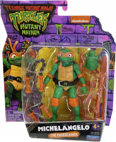 Figurinë Teenage Mutant Ninja Turtles Michelangelo Mutant Mayhem, 4.25", me nyje, shumëngjyrëshe