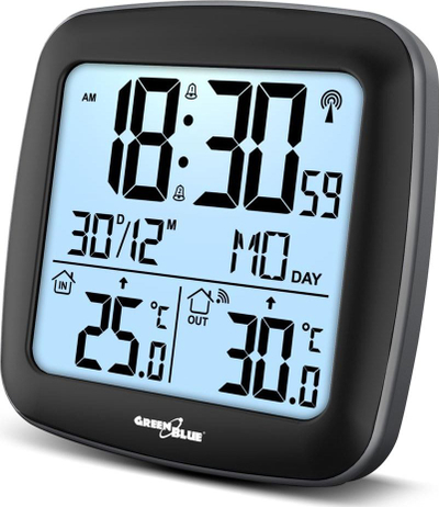 Stacion moti GreenBlue GB542, sensor i jashtëm pa tela, orë radio DCF, i zi