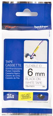 Shirit etiketuese Brother TZE-FX211, 6mm, laminat fleksibël, i bardhë me printim të zi