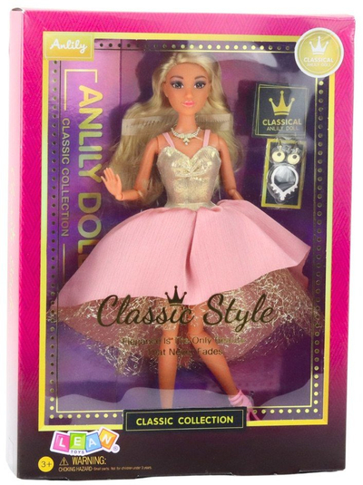 Kukull Anlily Doll, fustan balloje elegant, aksesorë të artë dhe rozë
