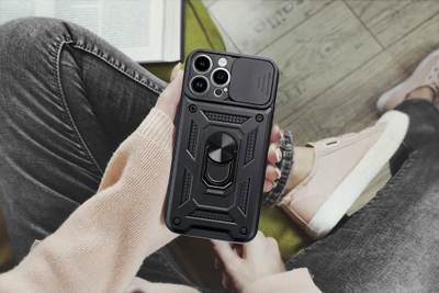 Mbulesë telefoni OEM Slide Armor për Samsung Galaxy A35 5G, me kapak kamere, me unazë qëndrimi, e zezë