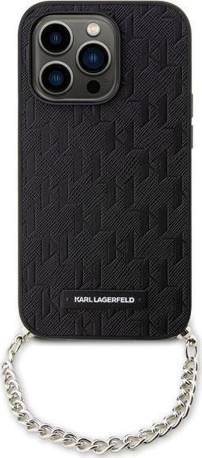 Kllëf telefoni Karl Lagerfeld Saffiano Monogram me zinxhir, për iPhone 14 Pro Max, i zi