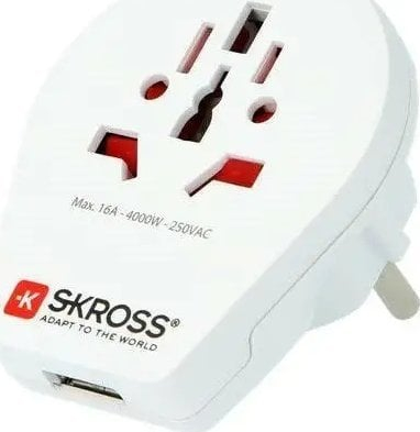 Adapter udhëtimi Skross World to Europe USB 1.0, me portë USB, universal, i bardhë