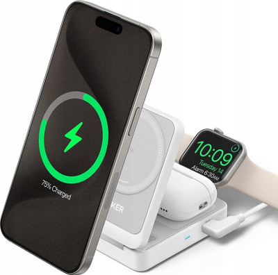 Karikues 3 në 1 Anker MagGo 3, MagSafe Qi2, për iPhone Apple Watch AirPods, i bardhë
