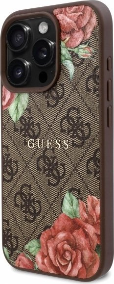 Kapak telefoni Guess 4G Flowers Print MagSafe, për iPhone 16 Pro, kafe