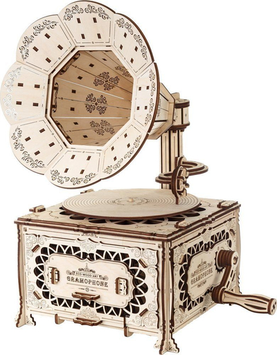 Set ndërtimi druri EWA Eco Wood Art Gramafon, model gramafoni prej druri, stil i vjetër retro, ngjyrë dru natyral
